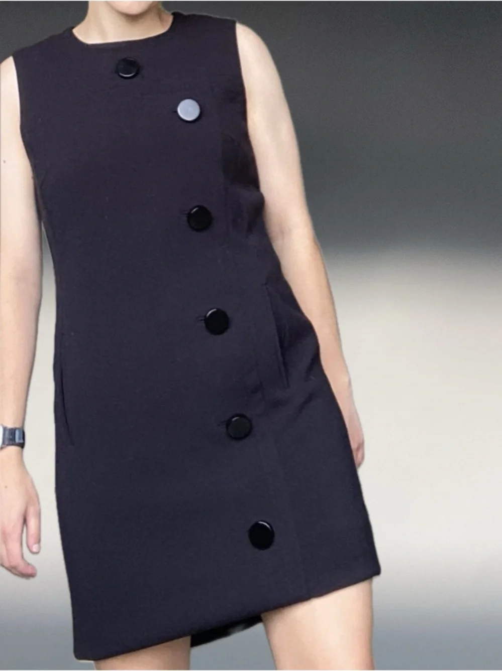Michael Kors Black Sleeveless Shift Dress with Large Button Details